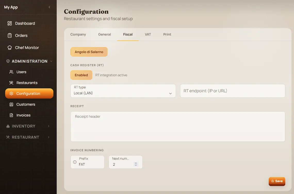 Restaurant configuration and fiscal setup screen