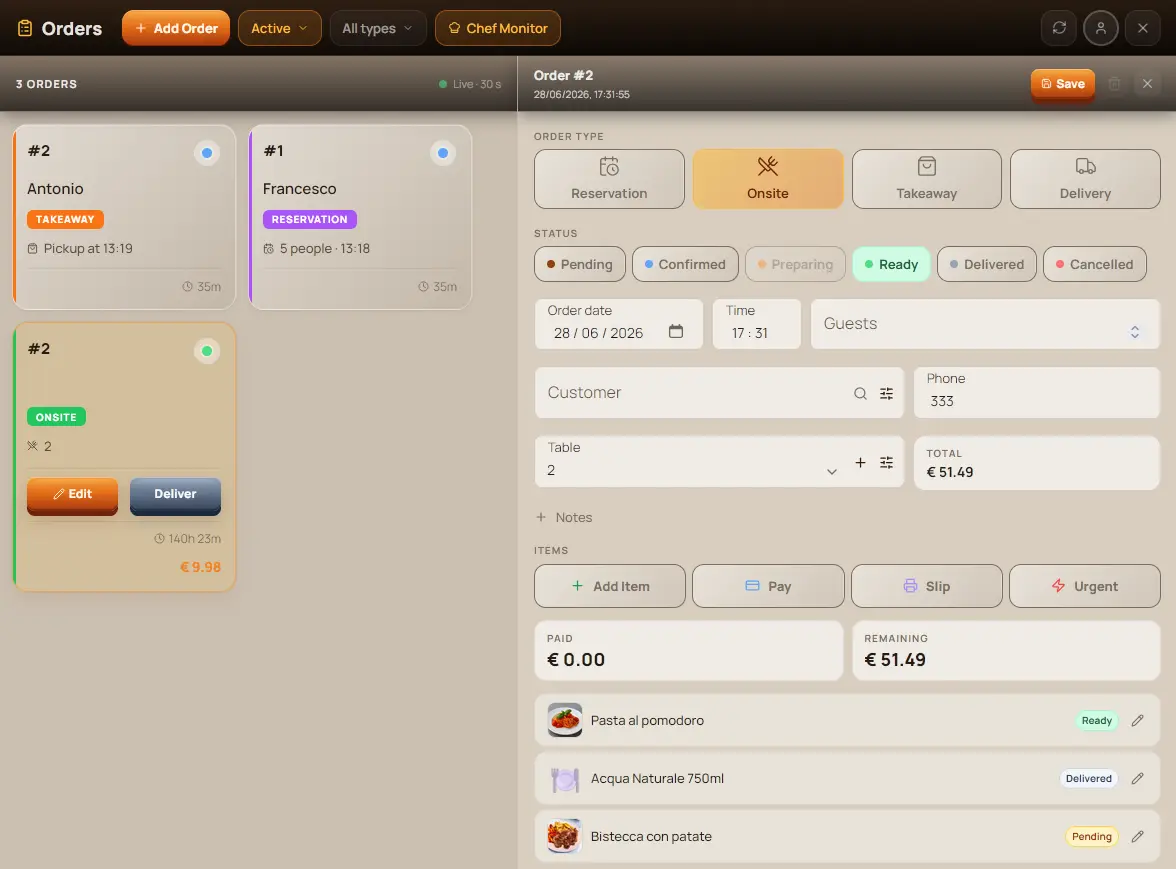 Orders management interface on the PADFOOD platform